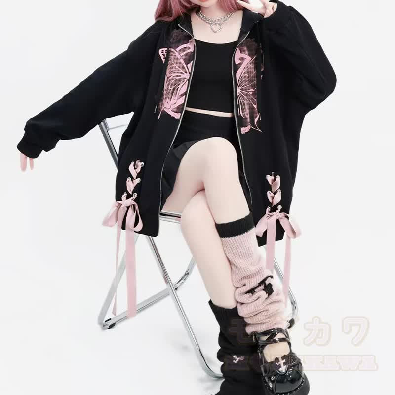 Gothic-Kapuzenjacke mit rosa Schmetterlingsmuster, Schleife und Reißverschluss - image 4