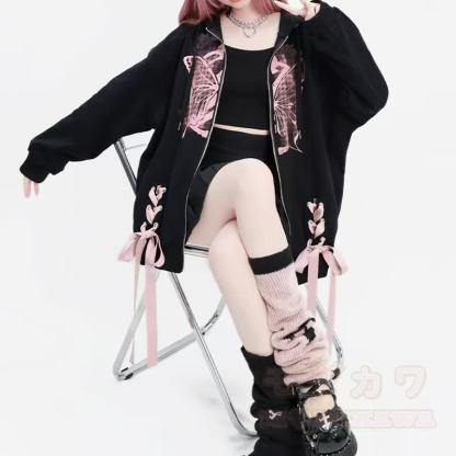 Gothic-Kapuzenjacke mit rosa Schmetterlingsmuster, Schleife und Reißverschluss - image 4