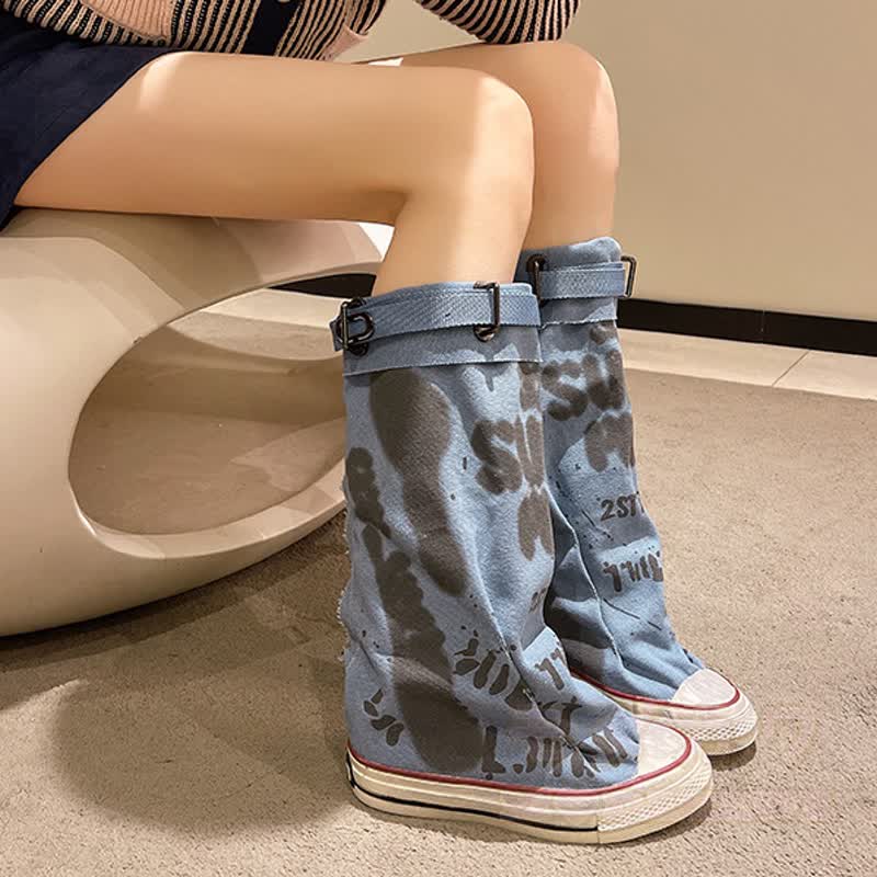 Vintage Graffiti High Top Canvas Plated Mid Calf Boots - image 8