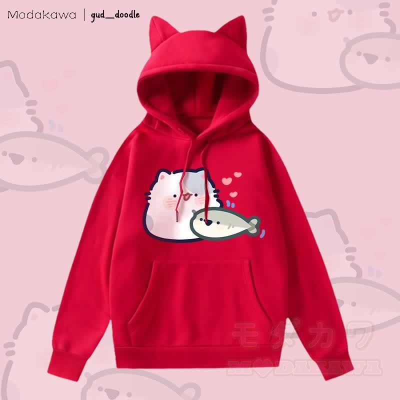 MODAKAWA x gud_doodle Kapuzenpullover mit Katzenohren und Katzenmotiven (mit Katzen- und Fischmotiv) - Rot - 2XL - image 4