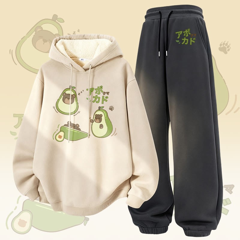 MODAKAWA Avocado Bear Graphic Dickes Fleece-Futter Hoodie Hose Zweiteiliges Set - Apricot&Dark Grey - 5XL - image 2