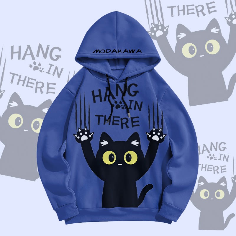 MODAKAWA HANG IN THERE Pullover Hoodie mit Allover-Print und schwarzer Katze - Dark Blue - 6XL - image 4