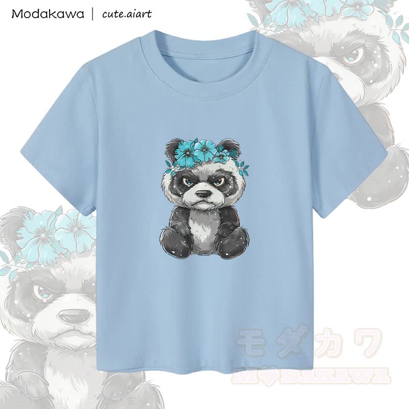 MODAKAWA X cute.aiart Damen-Crop-Top mit Blumen-Panda-Motiv, 92 % gekämmte Baumwolle - Blau - XL - image 3