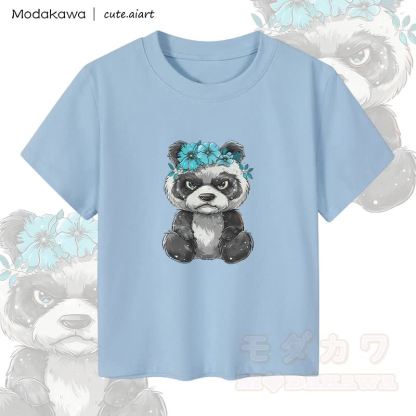 MODAKAWA X cute.aiart Damen-Crop-Top mit Blumen-Panda-Motiv, 92 % gekämmte Baumwolle - Blau - XL - image 3