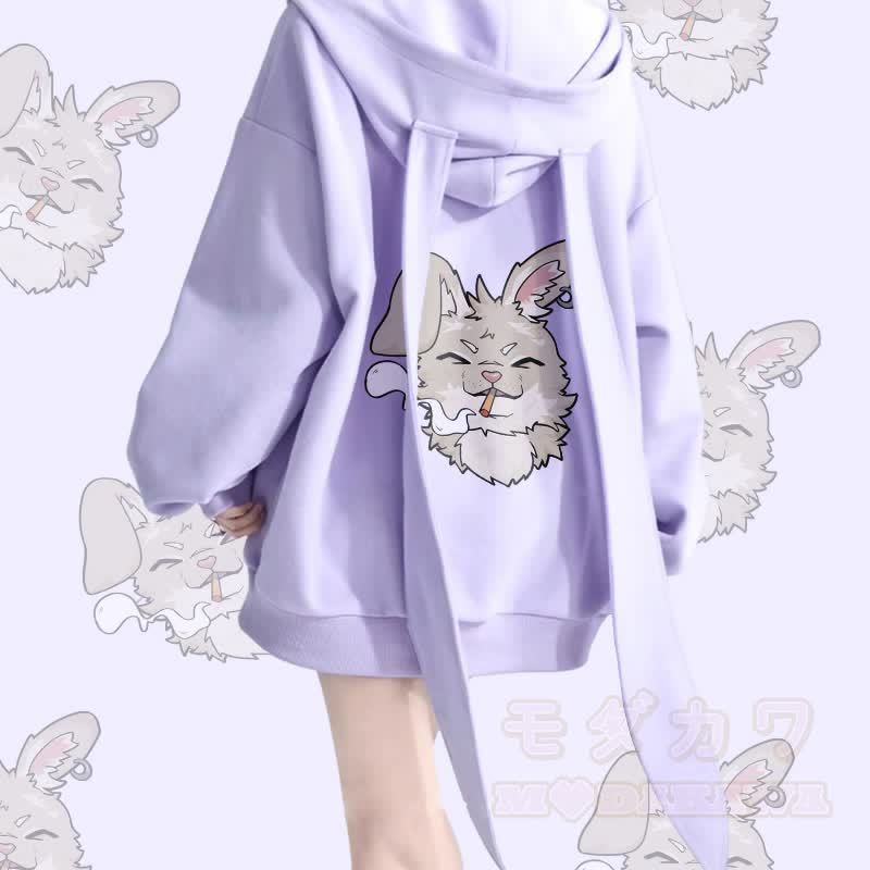 MODAKAWA Nabi Smoking Graphic Long Bunny Ears Pocket Zipper Hooded Sweatshirt - Lila - 2XL - image 3