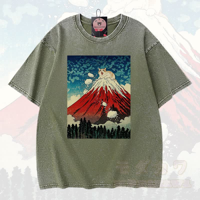 MODAKAWA Volcano Anime Grafik Vintage Washed 100% Baumwolle T-Shirt - Grün - 3XL - image 6