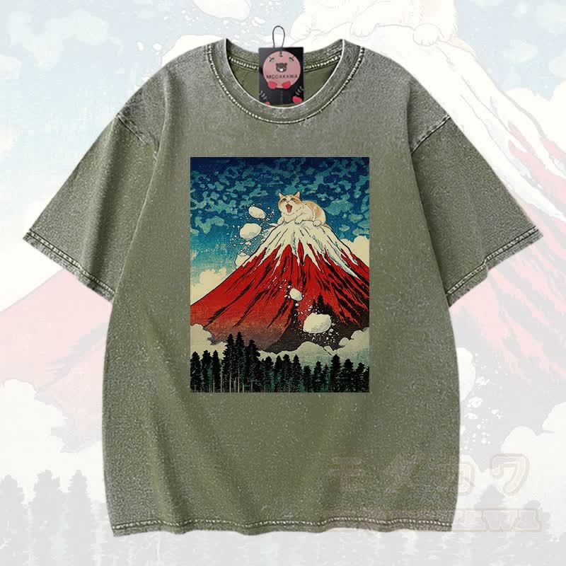 MODAKAWA Volcano Anime Grafik Vintage Washed 100% Baumwolle T-Shirt - Grün - 3XL - image 6