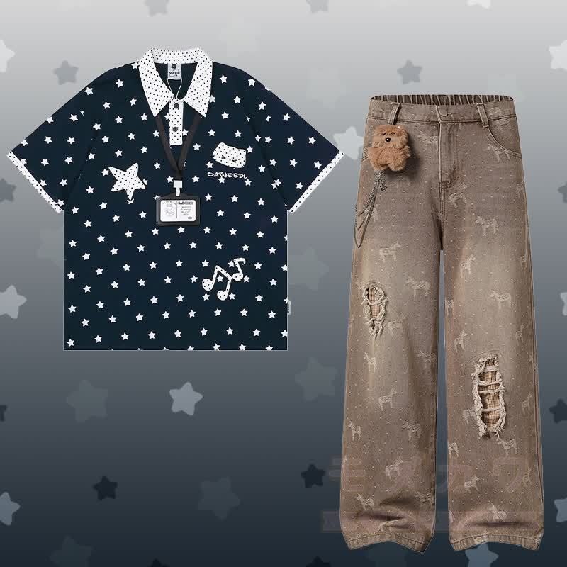 Polo-Shirt mit Polka-Dot- und Sternenmotiv, zerrissene Jeans mit 3D-Bärenkette von Modakawa (passendes Outfit) - Satz D - XL - image 8