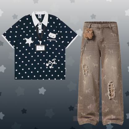 Polo-Shirt mit Polka-Dot- und Sternenmotiv, zerrissene Jeans mit 3D-Bärenkette von Modakawa (passendes Outfit) - Satz D - XL - image 8