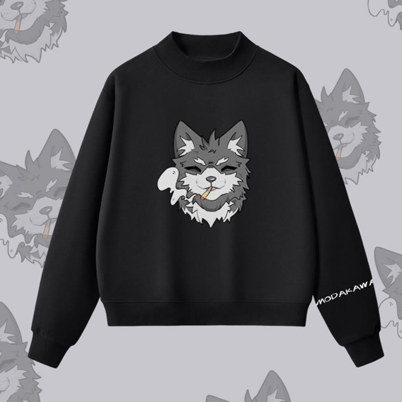 MODAKAWA Sweatshirt mit rauchendem Welpenmotiv und Fleece-Futter - Black - L - image 6