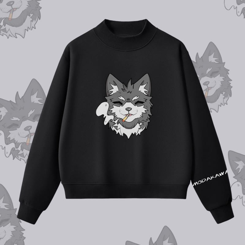 MODAKAWA Sweatshirt mit rauchendem Welpenmotiv und Fleece-Futter - Black - L - image 6