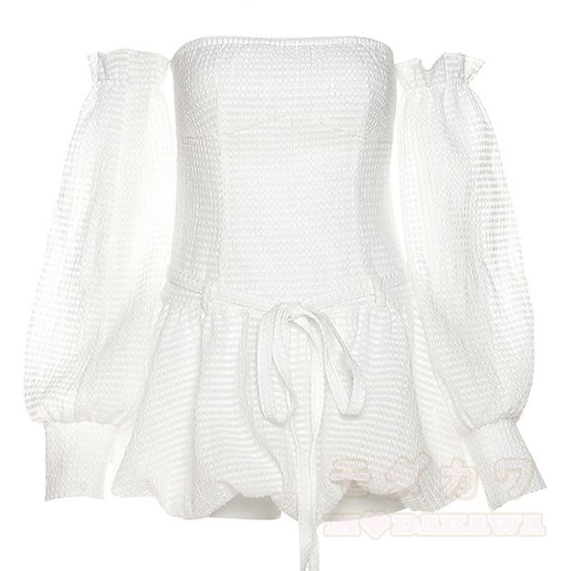 Süßes trägerloses, gerafftes Minikleid mit hohem Bund und ausgestelltem Rock - Weiß - L - image 10