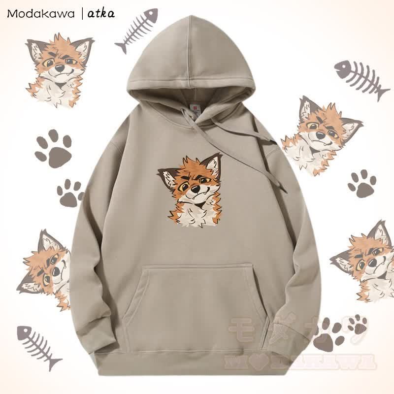 Kapuzenpullover mit lustigem Fuchs-Motiv und Fleecefutter - Helles Khaki - 5XL - image 5