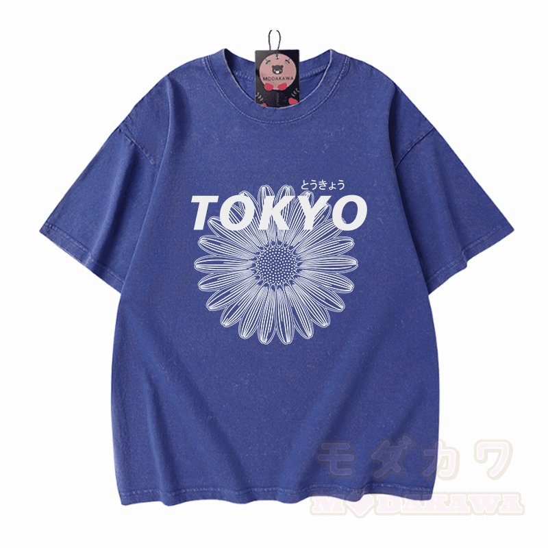 TOKYO Blumengrafik Modakawa Vintage gewaschenes T-Shirt aus 100% Baumwolle - Blau - 5XL - image 4