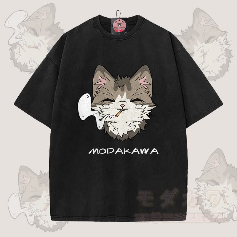 MODAKAWA Smoking Cat Grafik Unisex Vintage Washed T-Shirt - Schwarz - 5XL - image 9