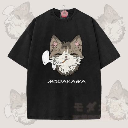 MODAKAWA Smoking Cat Grafik Unisex Vintage Washed T-Shirt - Schwarz - 5XL - image 9
