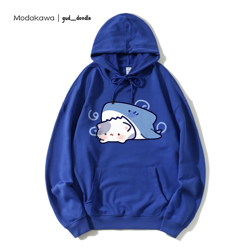 Modakawa x gud_doodle – Lockerer Hoodie mit Hai- und Kätzchen-Print - Dark Blue - 5XL - image 4