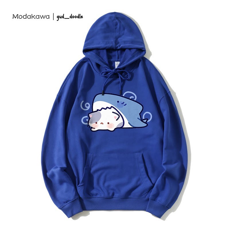 Modakawa x gud_doodle – Lockerer Hoodie mit Hai- und Kätzchen-Print - Dark Blue - 5XL - image 4