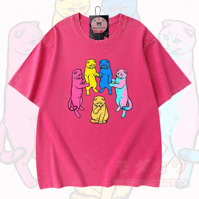 MODAKAWA Katzen-Grafik Vintage-gewaschenes T-Shirt aus 100 % Baumwolle - Rosenrot - 3XL - image 8