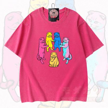 MODAKAWA Katzen-Grafik Vintage-gewaschenes T-Shirt aus 100 % Baumwolle - Rosenrot - 3XL - image 8