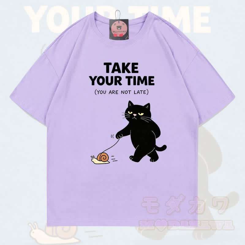MODAKAWA TAKE YOUR TIME Katzenmotiv T-Shirt aus 100 % Baumwolle - Hellviolett - 5XL - image 9