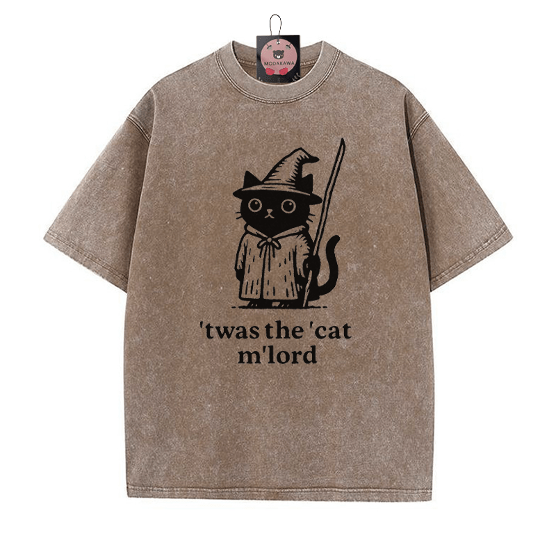 'TWAS THE' CAT M'LORD Zaubererkatze Grafik Unisex Vintage Washed T-Shirt - Braun - 5XL - image 3