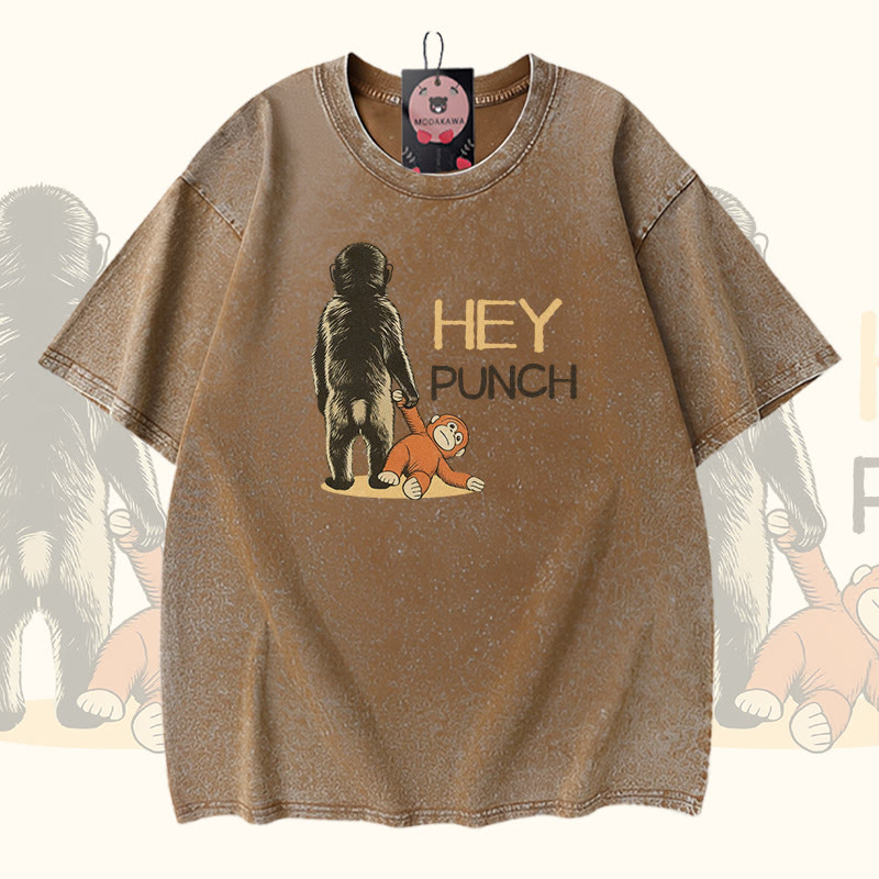 HEY PUNCH Monkey Modakawa Vintage Washed 100% Cotton T-Shirt - Brown - 5XL - image 4