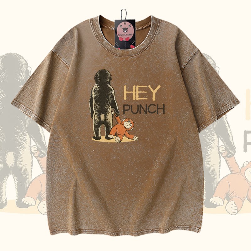 HEY PUNCH Monkey Modakawa Vintage Washed 100% Cotton T-Shirt - Brown - 5XL - image 4