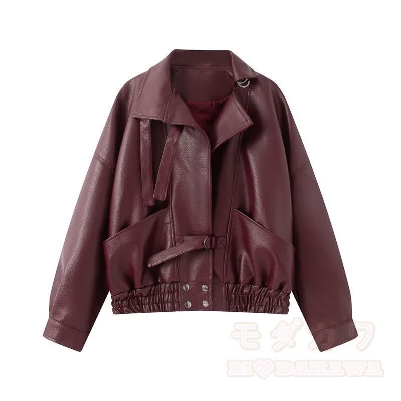 Vintage-Jacke aus Kunstleder mit Stehkragen und Reißverschluss, kurz geschnitten - Rot - XL - image 14