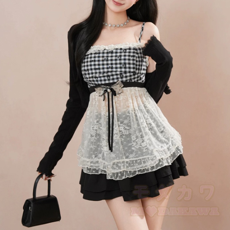 Dreiteiliges Set aus kariertem Spitzen-Cami-Top, langärmeliger Rüschen-Cardigan und Rock - image 6