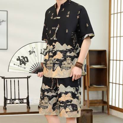 Vintage-Print-Urlaubs-Frosch-Knopf-Hemd-Shorts-Set - Schwarz - 4XL - image 9