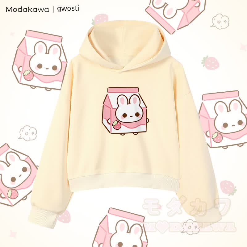 MODAKAWA X gwosti Strawbunny Milk Graphic Cropped Cotton Hoodie - Aprikose - 3XL - image 3