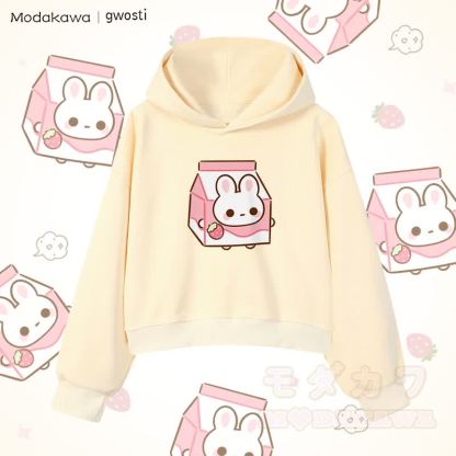 MODAKAWA X gwosti Strawbunny Milk Graphic Cropped Cotton Hoodie - Aprikose - 3XL - image 3