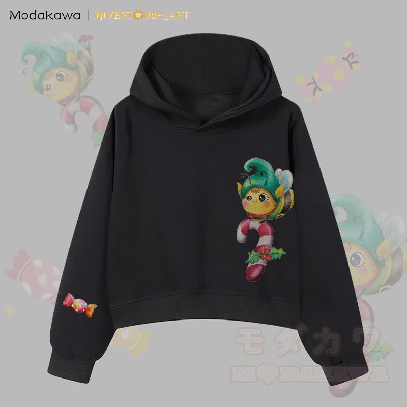 MODAKAWA X INVERTOUCH_ART Niedlicher Weihnachtsbienen-Hoodie Modakawa Cropped Cotton Hoodie - Schwarz A - 3XL - image 4