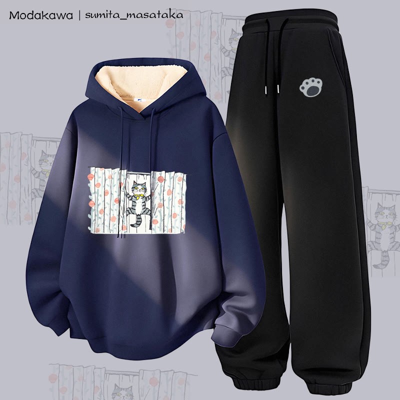MODAKAWA X sumita_masataka Vorhang Kletterkatze Grafik Dick gefütterter Hoodie Hose Zweiteiliges Set - Purplish Blue&Black - 5XL - image 2