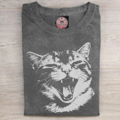MODAKAWA Unisex-T-Shirt mit Katzenmotiv im Vintage-Stil, gewaschen - Grey - 5XL - image 2