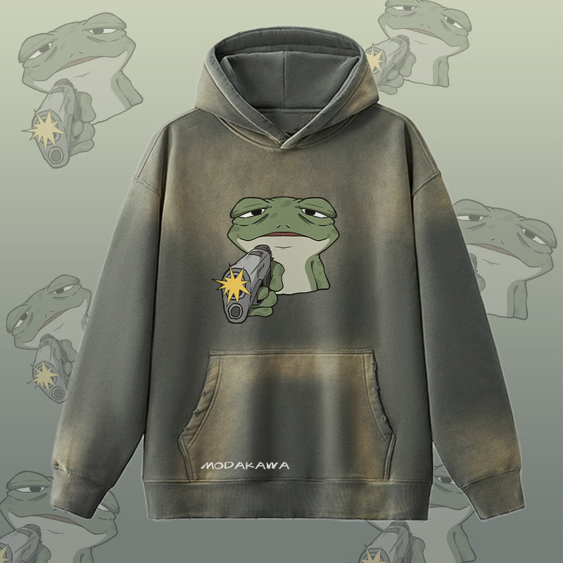 MODAKAWA Hoodie mit Frosch-und-Pistolen-Motiv im Vintage-Look, gefüttert mit Fleece - Grey - 2XL - image 2