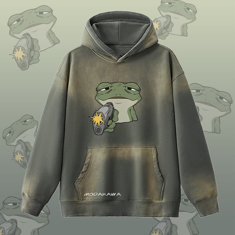 MODAKAWA Hoodie mit Frosch-und-Pistolen-Motiv im Vintage-Look, gefüttert mit Fleece - Grey - 2XL - image 2
