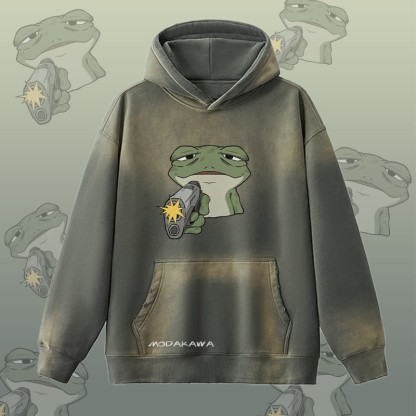 MODAKAWA Hoodie mit Frosch-und-Pistolen-Motiv im Vintage-Look, gefüttert mit Fleece - Grey - 2XL - image 2