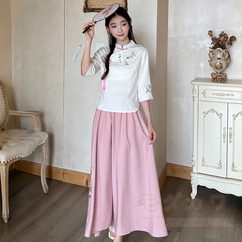 Vintage-besticktes Oberteil und Rock, zweiteiliges Set - Rosa Langarmshirt - 4XL - image 3