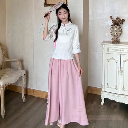 Vintage-besticktes Oberteil und Rock, zweiteiliges Set - Rosa Langarmshirt - 4XL - image 3