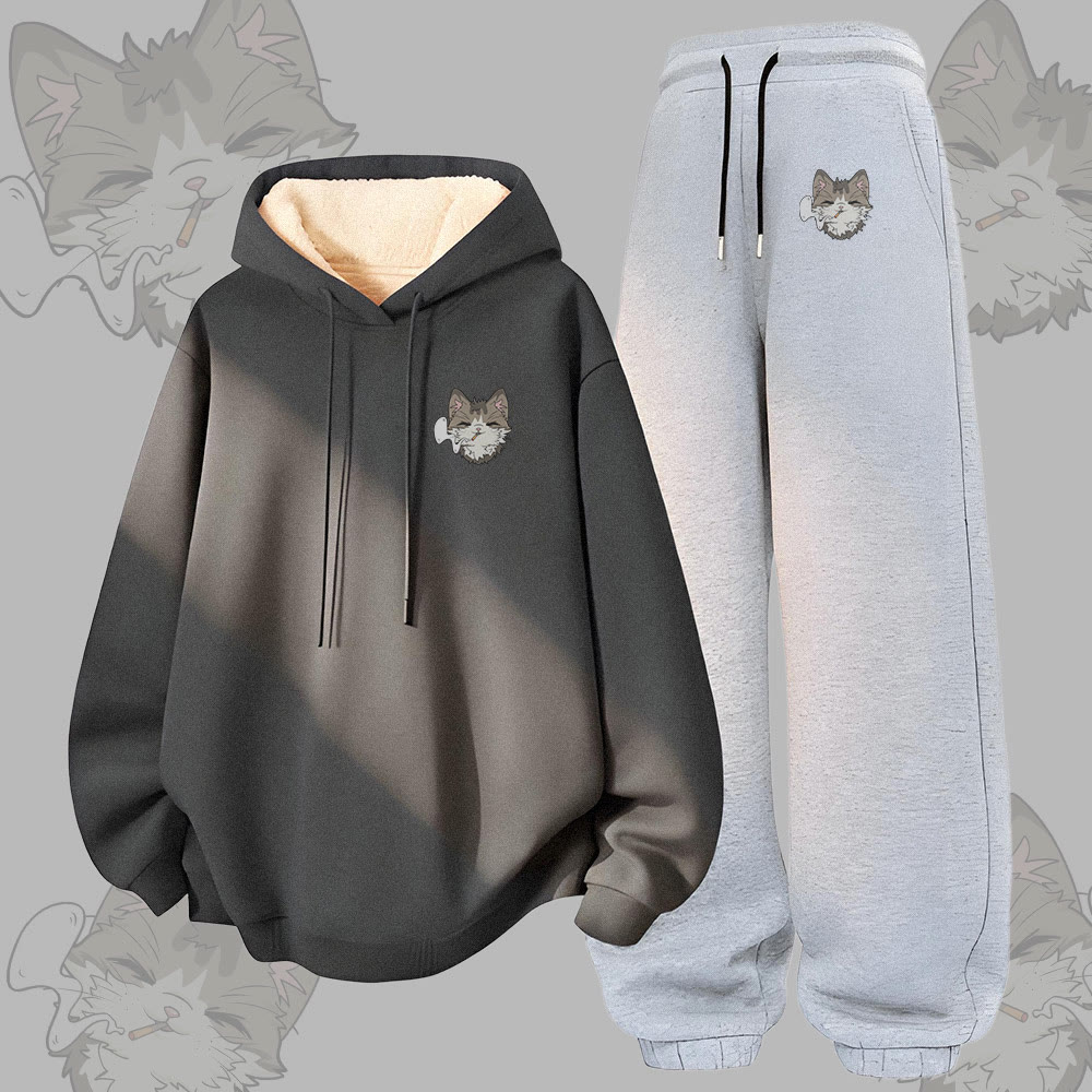 MODAKAWA Smoking Kitty Grafik – Zweiteiliges Set aus dick gefüttertem Hoodie und Hose mit Fleece-Futter - Dark Grey&Grey - 5XL - image 2