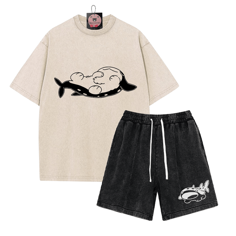 Verspieltes T-Shirt mit Pupfish-Grafik und verwaschenen Shorts im Vintage-Stil, zweiteiliges Set - Apricot&Black - 3XL - image 6