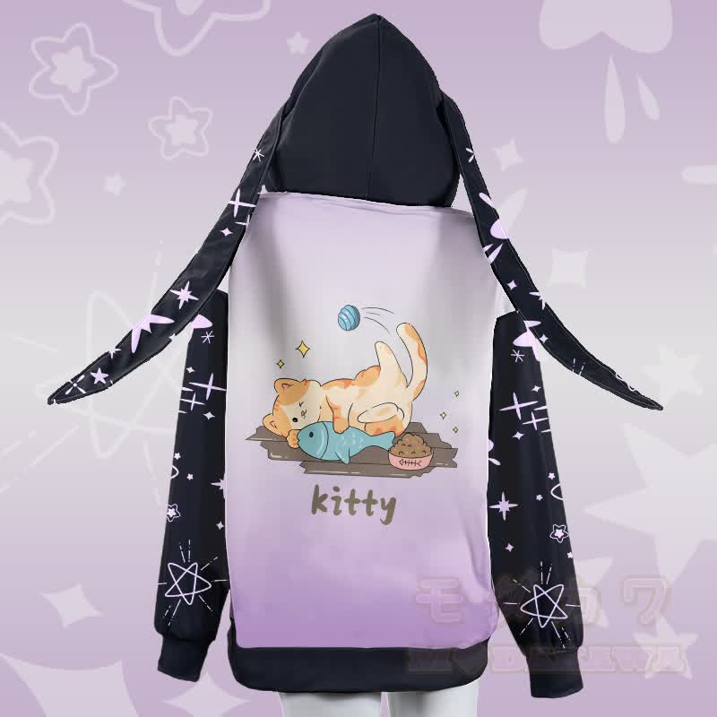 MODAKAWA Kapuzenpullover mit Farbverlauf, Katzenmotiv beim Spielen mit Fischen, Reißverschluss und langen Hasenohren - image 3