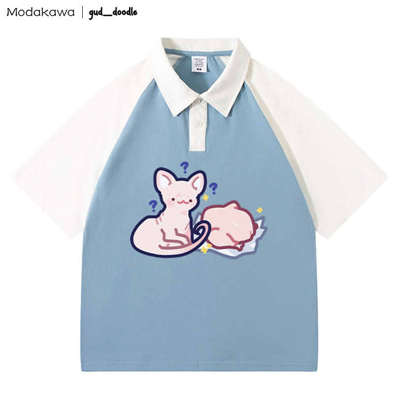 MODAKAWA X gud_doodle Polo-T-Shirt mit „Kitty Chicken“-Buchstabendruck - Blue&White - 4XL - image 4