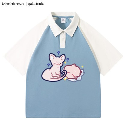 MODAKAWA X gud_doodle Polo-T-Shirt mit „Kitty Chicken“-Buchstabendruck - Blue&White - 4XL - image 4