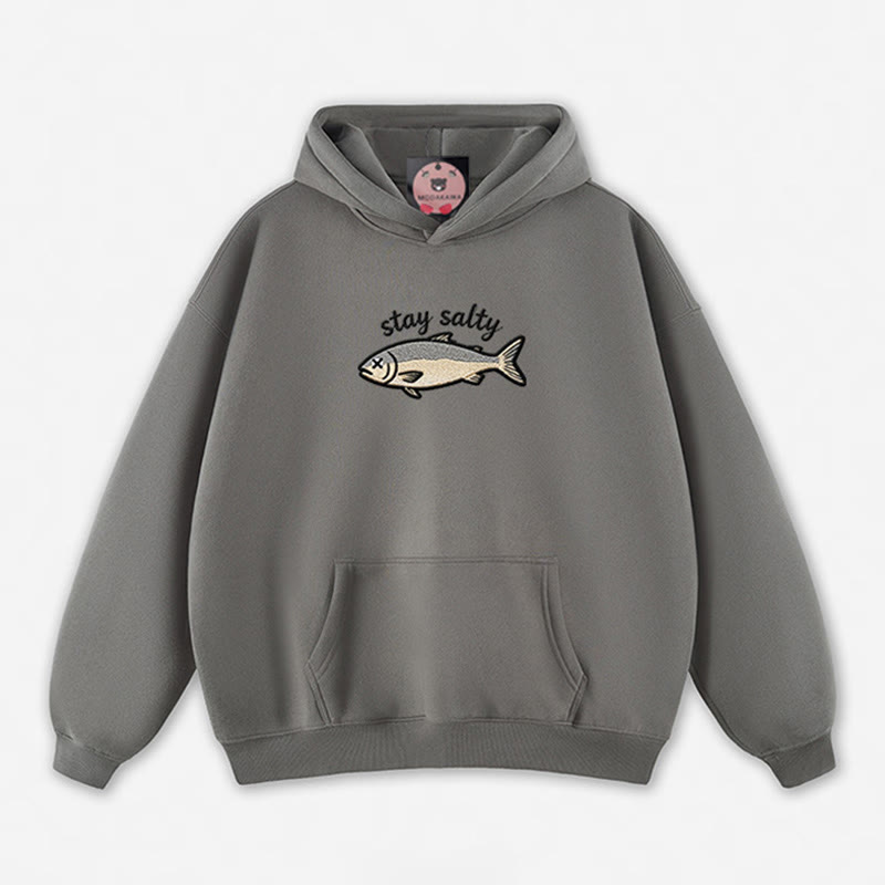 STAY SALTY Dead Fish Graphic Loose Hoodie - Grey - 5XL - image 10