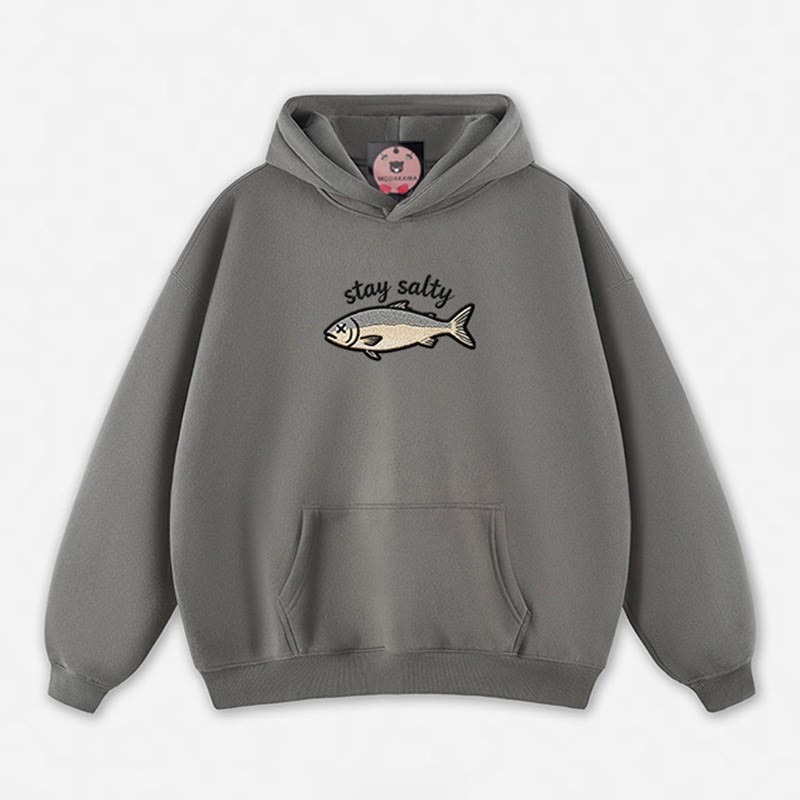 STAY SALTY Dead Fish Graphic Loose Hoodie - Grey - 5XL - image 10