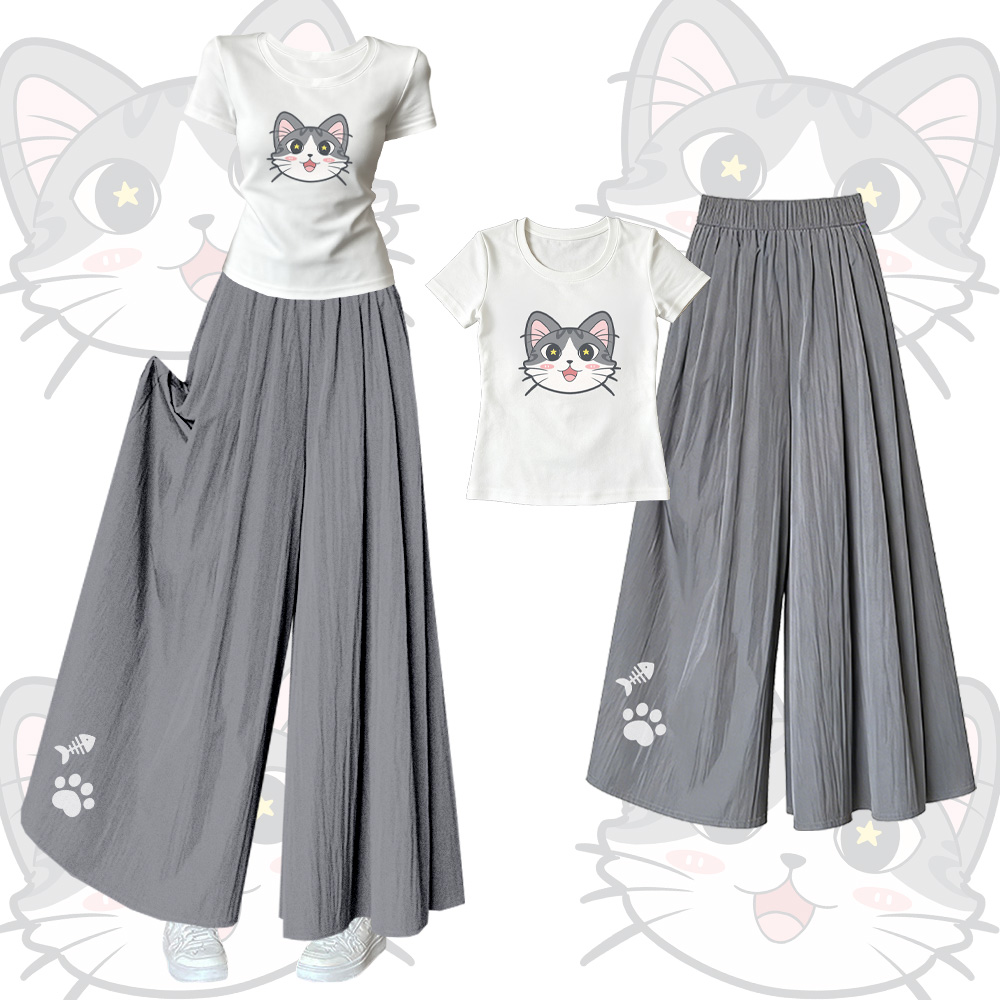 Modakawa-Outfit mit Katzenmotiv, U-Ausschnitt-T-Shirt und weitem Bein - Set B - XL - image 2