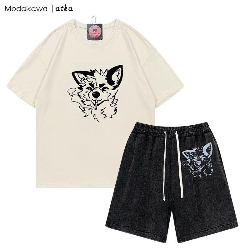 MODAKAWA X atka Fox Smoking Graphic T-Shirt Vintage Washed Shorts Zweiteiliges Set - Beige&Black - 3XL - image 4